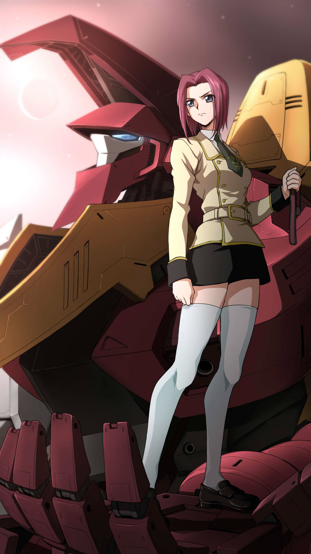 1girl ashford_academy_uniform belt belt_buckle black_skirt blue_eyes brown_footwear buckle code_geass collared_shirt full_body green_neckwear guren_nishiki hair_intakes highres jacket kallen_stadtfeld laofuzi_dai_bansho loafers long_sleeves mecha miniskirt necktie redhead shiny shiny_hair shirt shoes short_hair skirt solo thigh-highs white_legwear wing_collar zettai_ryouiki