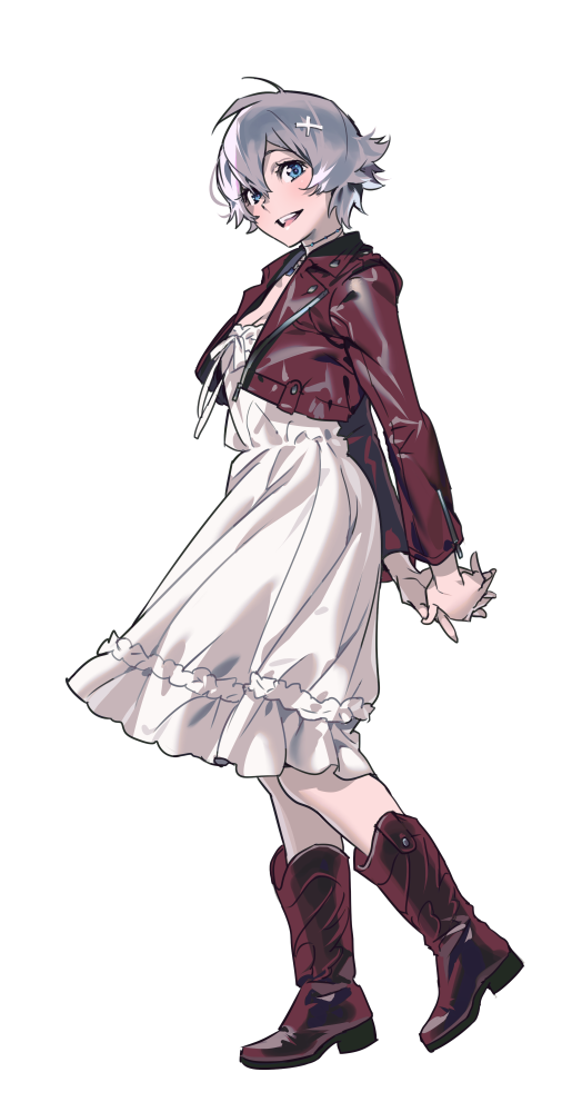 1girl arms_behind_back blue_eyes dress grey_hair jacket leather leather_jacket looking_at_viewer looking_down nishita original red_jacket short_hair smile solo white_background white_dress