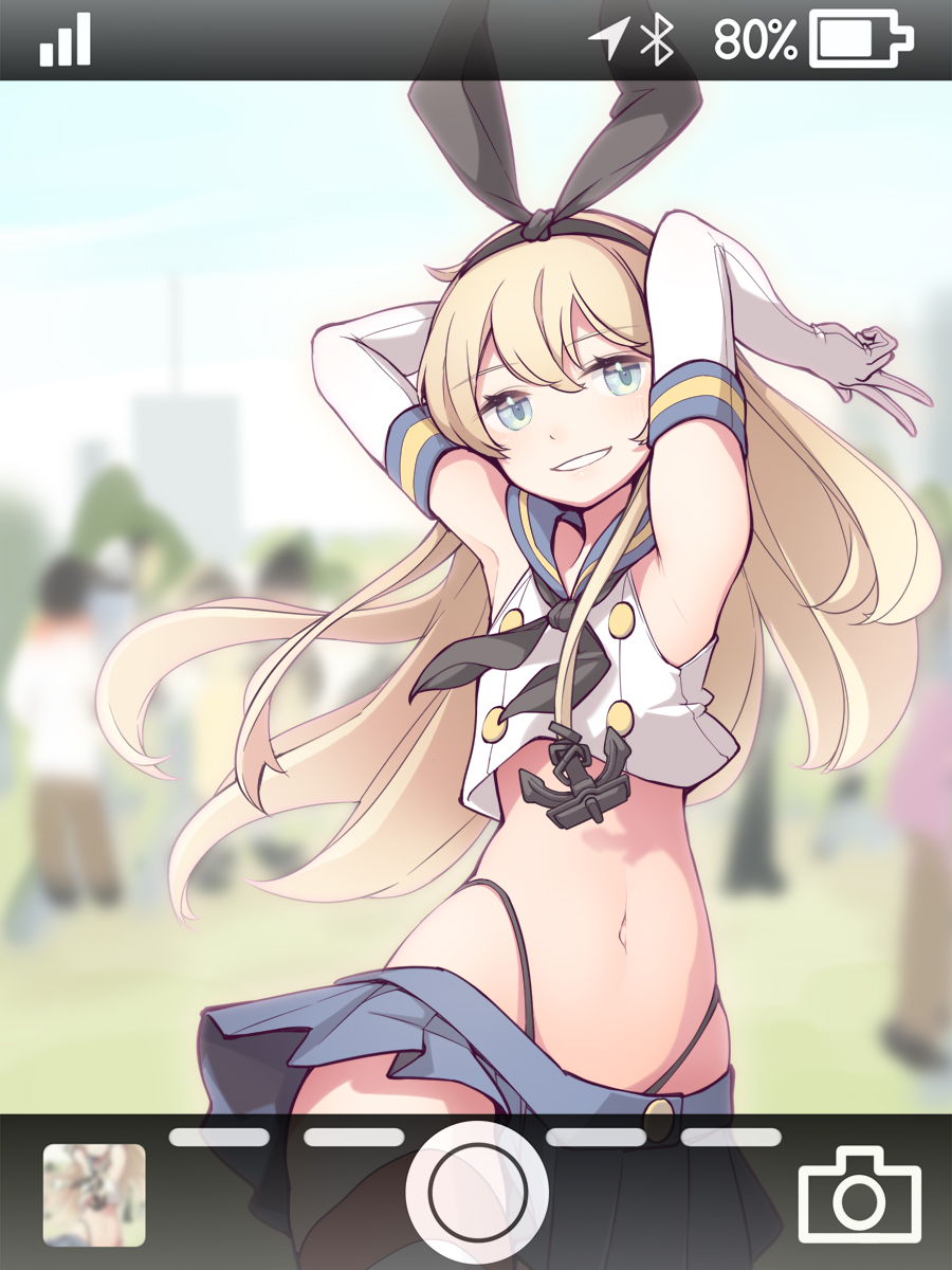 1girl aqua_eyes armpits blonde_hair blurry blurry_background bow cosplay elbow_gloves fake_screenshot gloves grin hair_bow hairband highleg highleg_panties highres kantai_collection kinakomoti long_hair miniskirt navel panties sailor_collar shimakaze_(kantai_collection) shimakaze_(kantai_collection)_(cosplay) skirt sleeveless smile solo_focus striped striped_legwear thigh-highs underwear user_interface white_gloves