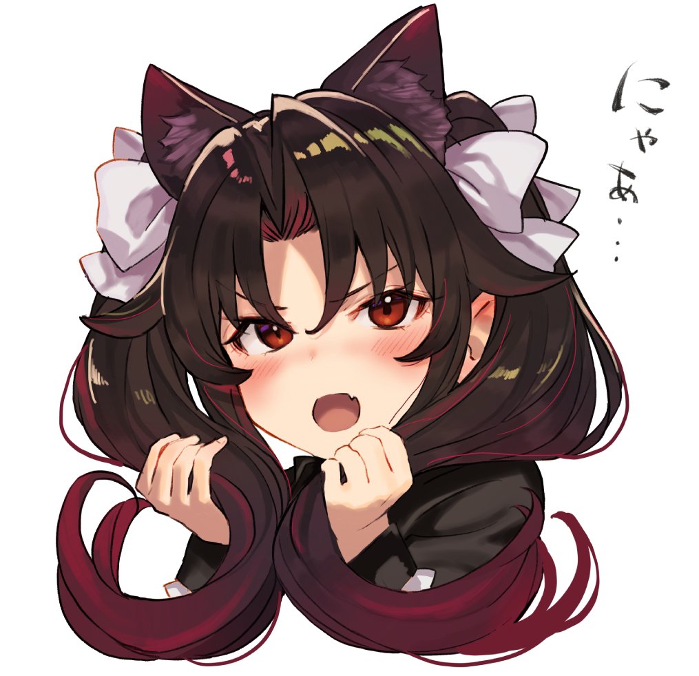 1girl angry animal_ear_fluff animal_ears bangs black_shirt blush bow brown_hair cat_ears ear_blush eyebrows_visible_through_hair fang gradient_hair hair_bow hands_in_hair kemonomimi_mode long_sleeves looking_at_viewer multicolored_hair nyan open_mouth parted_bangs red_eyes redhead ryuuou_no_oshigoto! shirabi shirt simple_background solo twintails upper_body v-shaped_eyebrows white_background white_bow yashajin_ai