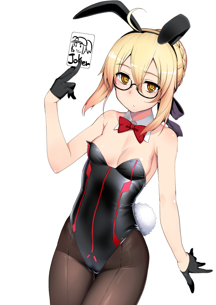 1girl ahoge animal_ears artoria_pendragon_(all) bangs bare_shoulders blonde_hair blush bow bowtie braid breasts card commentary_request detached_collar fate/grand_order fate_(series) glasses hair_between_eyes holding jacket joker looking_at_viewer mysterious_heroine_x_(alter) namonashi playing_card rabbit_ears semi-rimless_eyewear small_breasts solo yellow_eyes