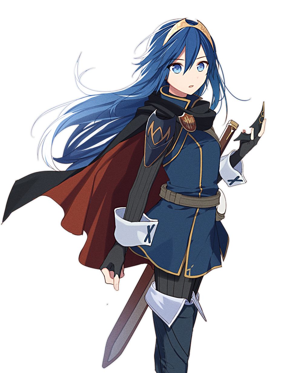 1girl arm_at_side belt black_cape blue_eyes blue_hair boots cape closed_mouth fingerless_gloves fire_emblem fire_emblem_awakening gloves hair_ornament highres holding long_hair long_sleeves looking_at_viewer lucina_(fire_emblem) ribbed_sweater ryon_(ryonhei) simple_background solo standing sweater sword thigh-highs thigh_boots tiara turtleneck weapon white_background wrist_cuffs