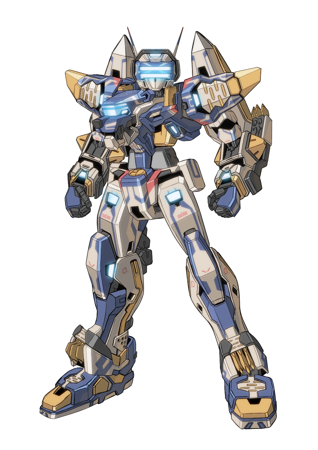 blue_eyes clenched_hands glowing glowing_eyes highres kuramochi_kyouryuu looking_at_viewer mecha no_humans radio_antenna redesign solo temjin virtual_on visor white_background