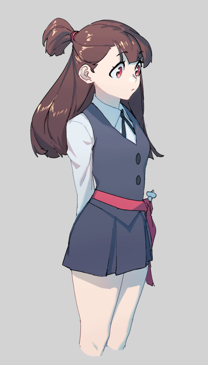 1girl arms_behind_back bangs belt brown_hair commentary_request expressionless grey_background highres kagari_atsuko little_witch_academia long_hair luna_nova_school_uniform miniskirt original_nasu ponytail red_belt red_eyes school_uniform simple_background skirt solo upper_body