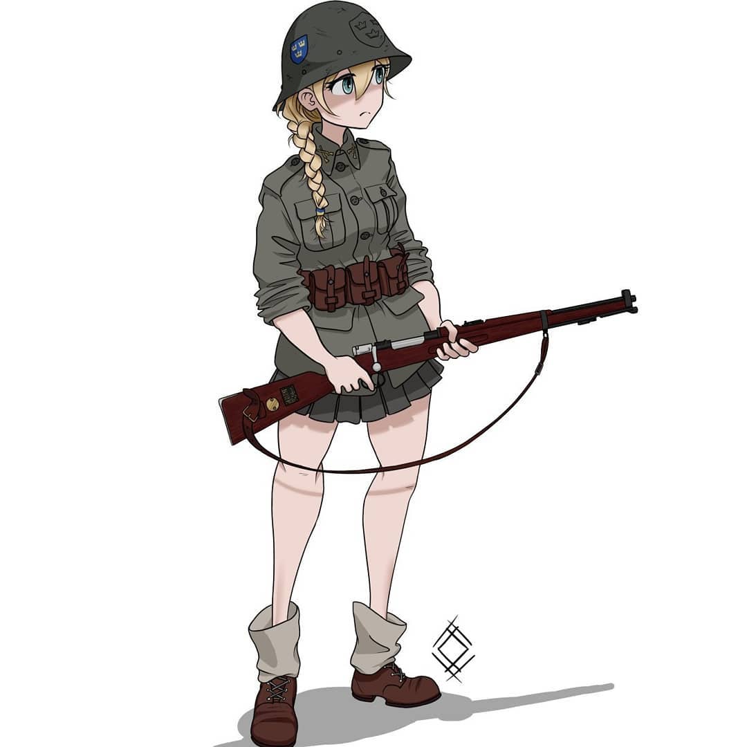 1girl ammunition_pouch bangs blonde_hair blue_eyes bolt_action boots braid braided_ponytail brown_footwear closed_mouth full_body green_shirt green_skirt gun hat helmet holding holding_gun holding_weapon long_hair m/26 military military_hat military_uniform original ostwindprojekt pouch rifle shirt simple_background single_braid skirt sleeves_rolled_up solo standing sweden uniform weapon white_background