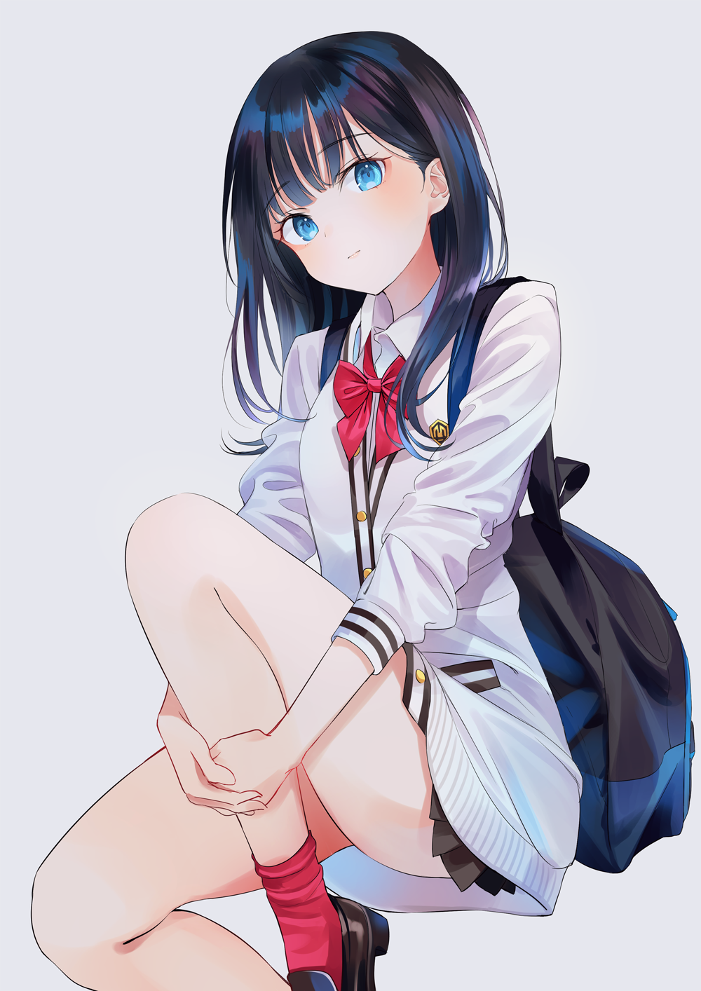 1girl bag bangs bare_legs black_footwear black_hair blue_eyes eyebrows eyebrows_visible_through_hair highres long_hair looking_at_viewer nabi_(uz02) pleated_skirt red_legwear school_bag school_uniform shoes skirt socks solo ssss.gridman takarada_rikka uniform