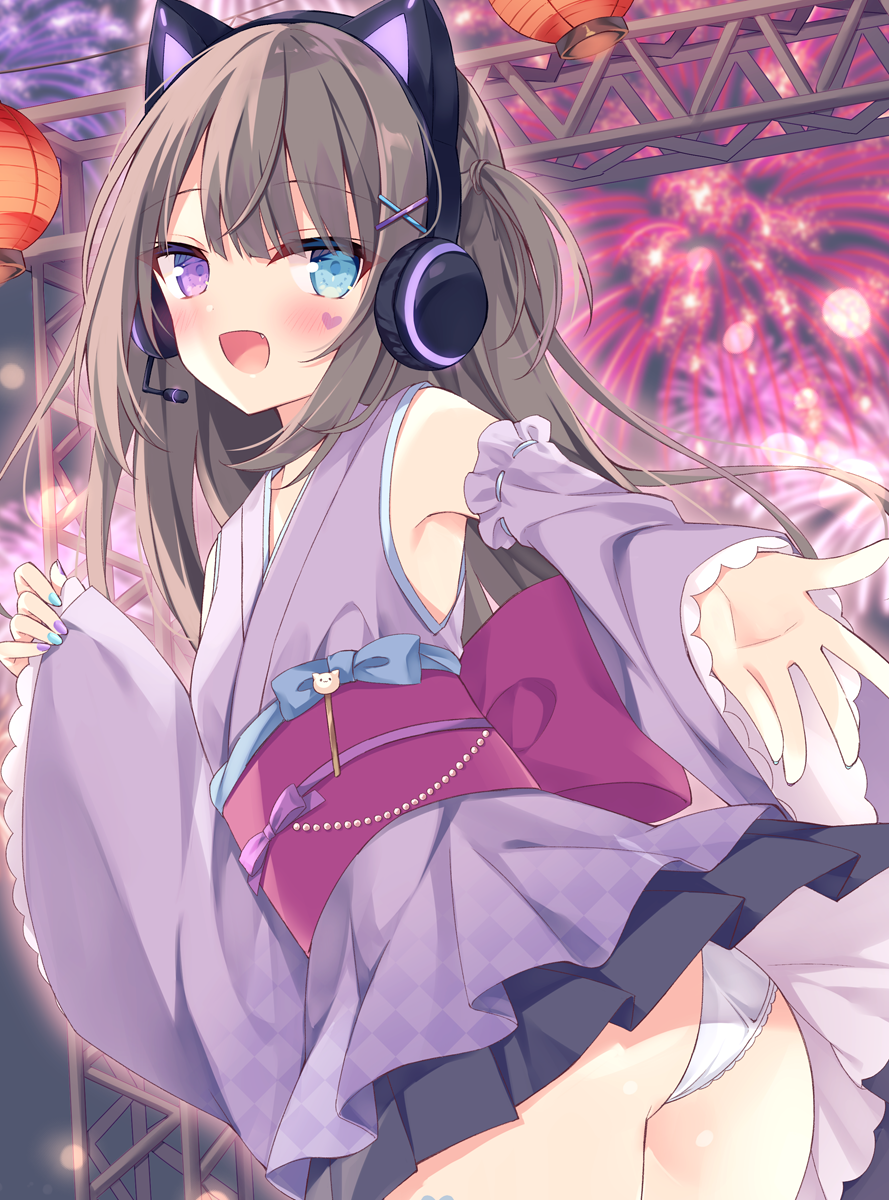 1girl :d aerial_fireworks animal_ears ass bangs bare_shoulders black_skirt blue_eyes blurry blurry_background blush brown_hair cat_ear_headphones cat_ears commentary_request depth_of_field detached_sleeves eyebrows_visible_through_hair fake_animal_ears fang fireworks hair_ornament hairclip headphones headset heart heterochromia highres hoshi_(snacherubi) japanese_clothes kimono long_hair long_sleeves looking_at_viewer looking_back night obi one_side_up open_mouth original outdoors outstretched_arm panties pleated_skirt purple_kimono purple_sleeves sash skirt sleeveless sleeveless_kimono sleeves_past_wrists smile solo standing underwear very_long_hair violet_eyes white_panties wide_sleeves x_hair_ornament