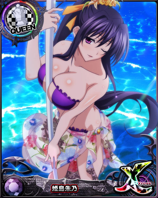 1girl bikini black_hair breasts card_(medium) character_name chess_piece hair_ribbon high_school_dxd high_school_dxd_cross himejima_akeno large_breasts long_hair long_ponytail looking_at_viewer official_art one_eye_closed open_mouth ponytail purple_bikini queen_(chess) ribbon solo source_request swimsuit trading_card very_long_hair violet_eyes water