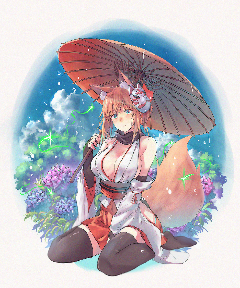 1girl animal_ear_fluff animal_ears bangs black_gloves black_legwear black_scarf blue_eyes blue_sky blush breasts brown_hair bubble clouds cloudy_sky commentary day detached_collar droplet fingerless_gloves flower fox_ears fox_girl fox_mask fox_tail gloves hakama_skirt holding holding_umbrella japanese_clothes large_breasts looking_at_viewer mask miniskirt no_shoes oriental_umbrella original rain red_skirt red_umbrella sawaya_(mizukazu) scarf shirt sidelocks sitting skirt sky sleeveless sleeveless_shirt solo tail thigh-highs umbrella wariza white_shirt white_sleeves