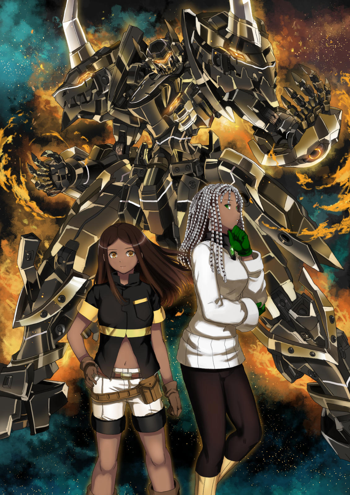 2girls beads brown_eyes brown_gloves brown_hair commission dark_skin garimpeiro gloves green_eyes hair_beads hair_ornament hand_on_hip hand_on_own_chin highres looking_to_the_side mecha midriff multiple_girls navel open_hands original shorts visor