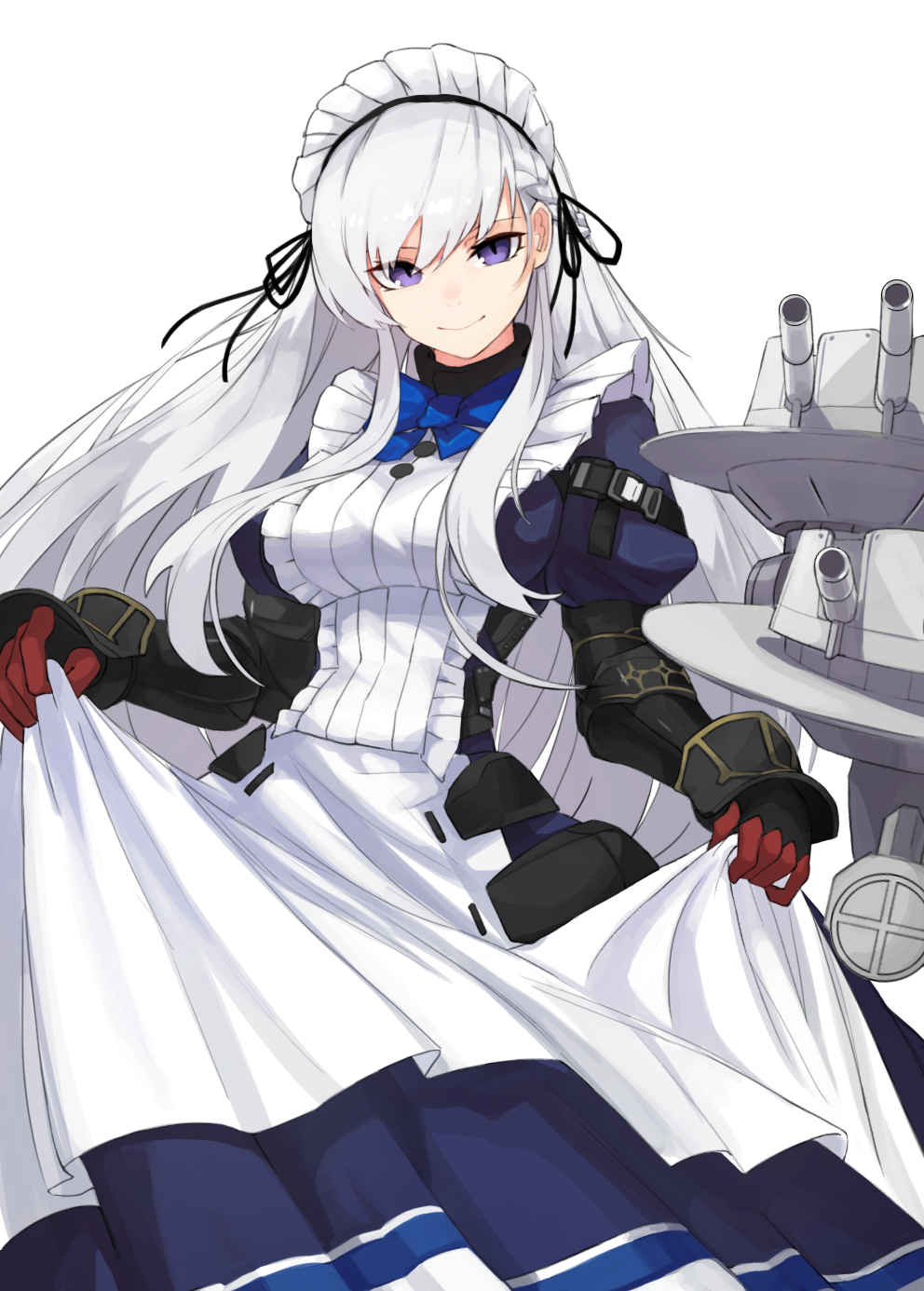 1girl aoiro_(t_aoiro123) azur_lane bangs belfast_(azur_lane) belfast_(serene_steel)_(azur_lane) blue_eyes braid breasts closed_mouth commentary dress dress_lift floating_hair french_braid frills gloves highres large_breasts lifted_by_self long_hair looking_at_viewer maid maid_headdress side_braid sidelocks silver_hair simple_background smile solo standing very_long_hair white_background