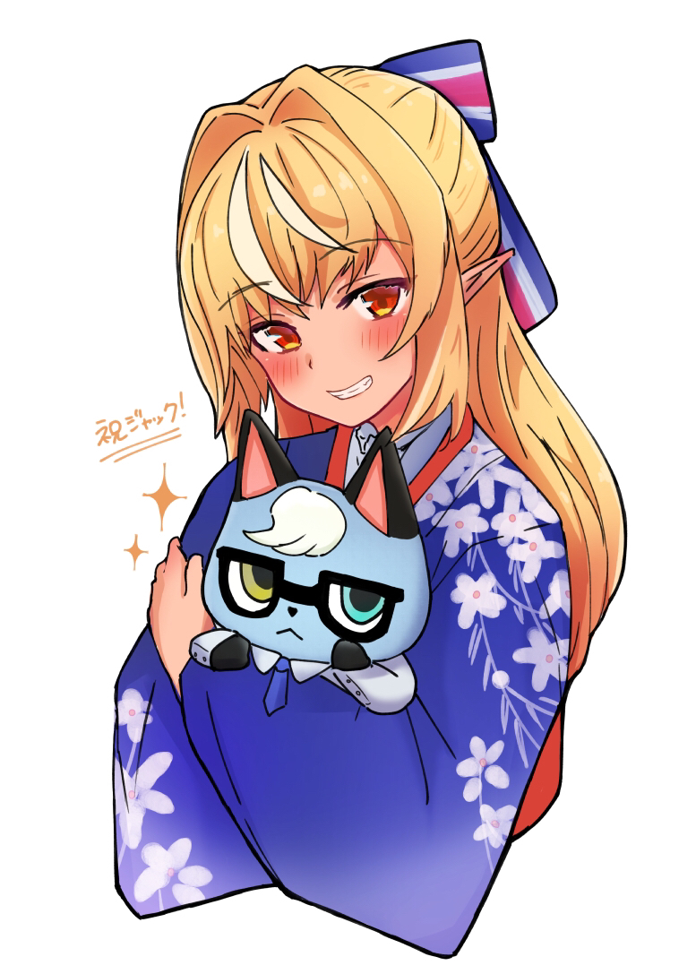 1girl animal blonde_hair blue_eyes blue_kimono blush bow cat commentary crossover dark_skin doubutsu_no_mori eyebrows_visible_through_hair floral_print glasses grin hair_bow heterochromia holding holding_animal holding_cat hololive jack_(doubutsu_no_mori) japanese_clothes kimono long_hair looking_at_viewer multicolored_hair pointy_ears red_eyes sasaki_(glass1138) shiranui_flare simple_background smile streaked_hair two-tone_hair upper_body white_background white_hair yellow_eyes