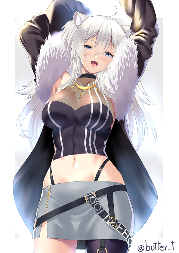 1girl :d ahoge animal_ears arms_up bangs bare_shoulders black_shirt blush breasts butter-t eyebrows_visible_through_hair fur-trimmed_jacket fur_trim grey_eyes grey_hair hair_between_eyes hololive jacket jewelry lion_ears lion_girl long_hair looking_at_viewer midriff necklace open_mouth shirt shishiro_botan smile solo virtual_youtuber