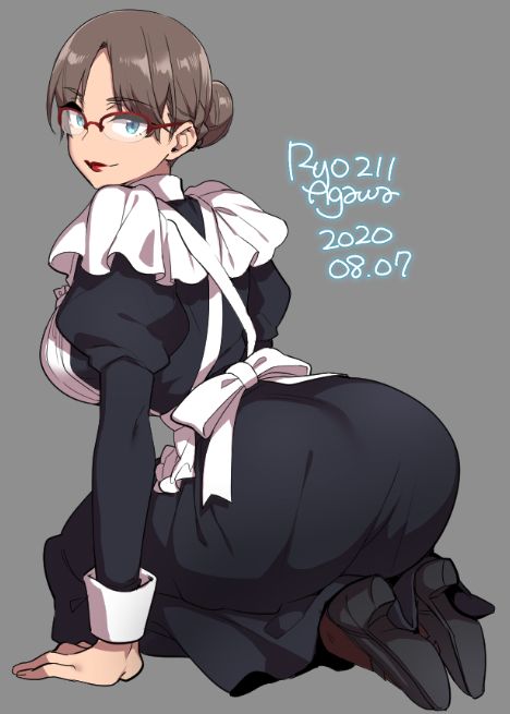 1girl agawa_ryou artist_name ass blue_eyes breasts dated from_behind glasses grey_background large_breasts lipstick looking_at_viewer looking_back maid makeup original red-framed_eyewear signature simple_background solo