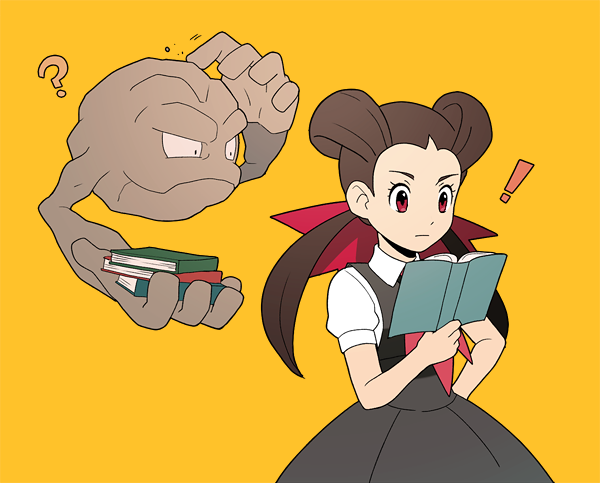 ! 1girl ? book closed_mouth collared_shirt commentary_request dress eyelashes geodude grey_dress hair_ribbon hair_rings hand_up holding holding_book jaho long_hair necktie pink_necktie pokemon pokemon_(creature) pokemon_(game) pokemon_oras reading red_eyes red_ribbon ribbon roxanne_(pokemon) shirt short_sleeves twintails white_shirt yellow_background