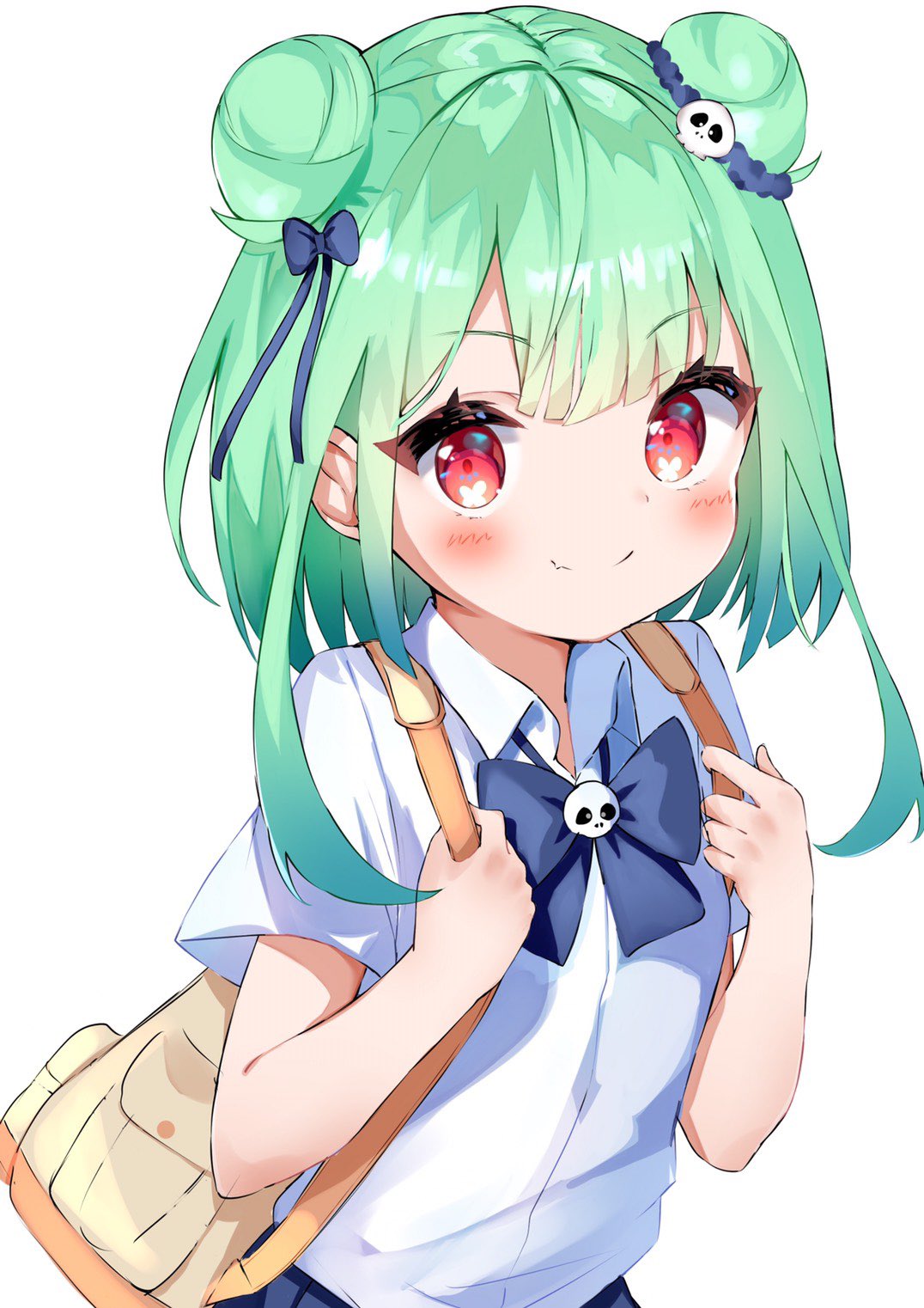 1girl auui bag bangs blue_ribbon blue_skirt blush child closed_mouth collared_shirt commentary_request cowboy_shot double_bun eyebrows_visible_through_hair fang green_hair hair_ornament hands_up highres holding_strap hololive looking_at_viewer pleated_skirt red_eyes ribbon school_bag school_uniform shirt short_hair short_sleeves simple_background skirt skull_hair_ornament smile solo uruha_rushia virtual_youtuber white_background white_shirt younger