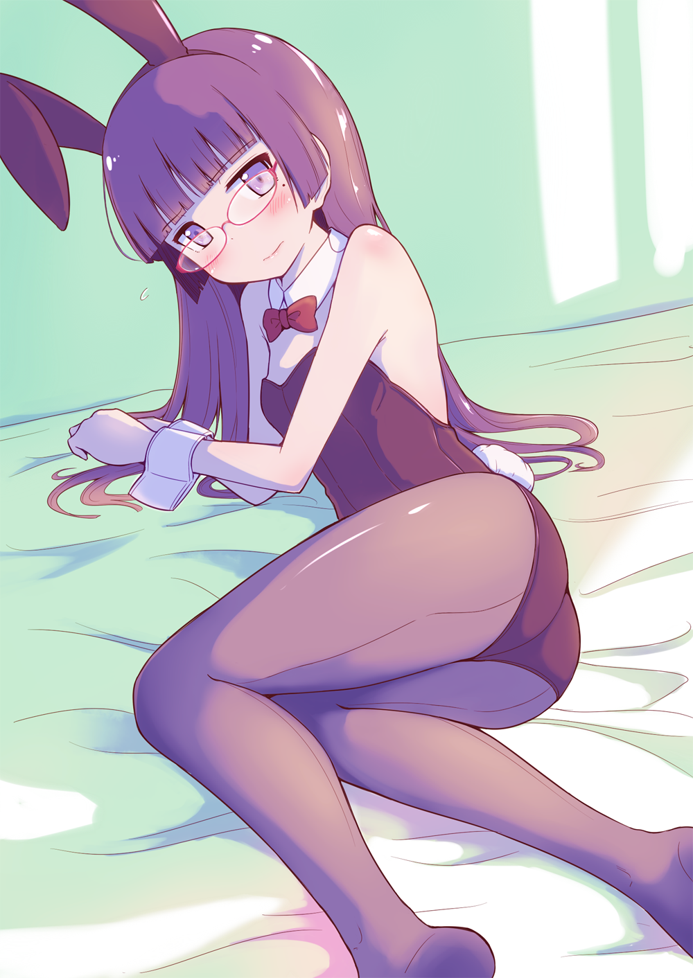 1girl animal_ears bangs bespectacled black_hair black_legwear black_leotard blunt_bangs bow bowtie bunny_tail bunnysuit detached_collar glasses gokou_ruri herunin highres hime_cut leotard long_hair looking_at_viewer lying mole mole_under_eye on_side ore_no_imouto_ga_konna_ni_kawaii_wake_ga_nai pantyhose rabbit_ears red-framed_eyewear red_neckwear smile solo strapless strapless_leotard tail violet_eyes wrist_cuffs