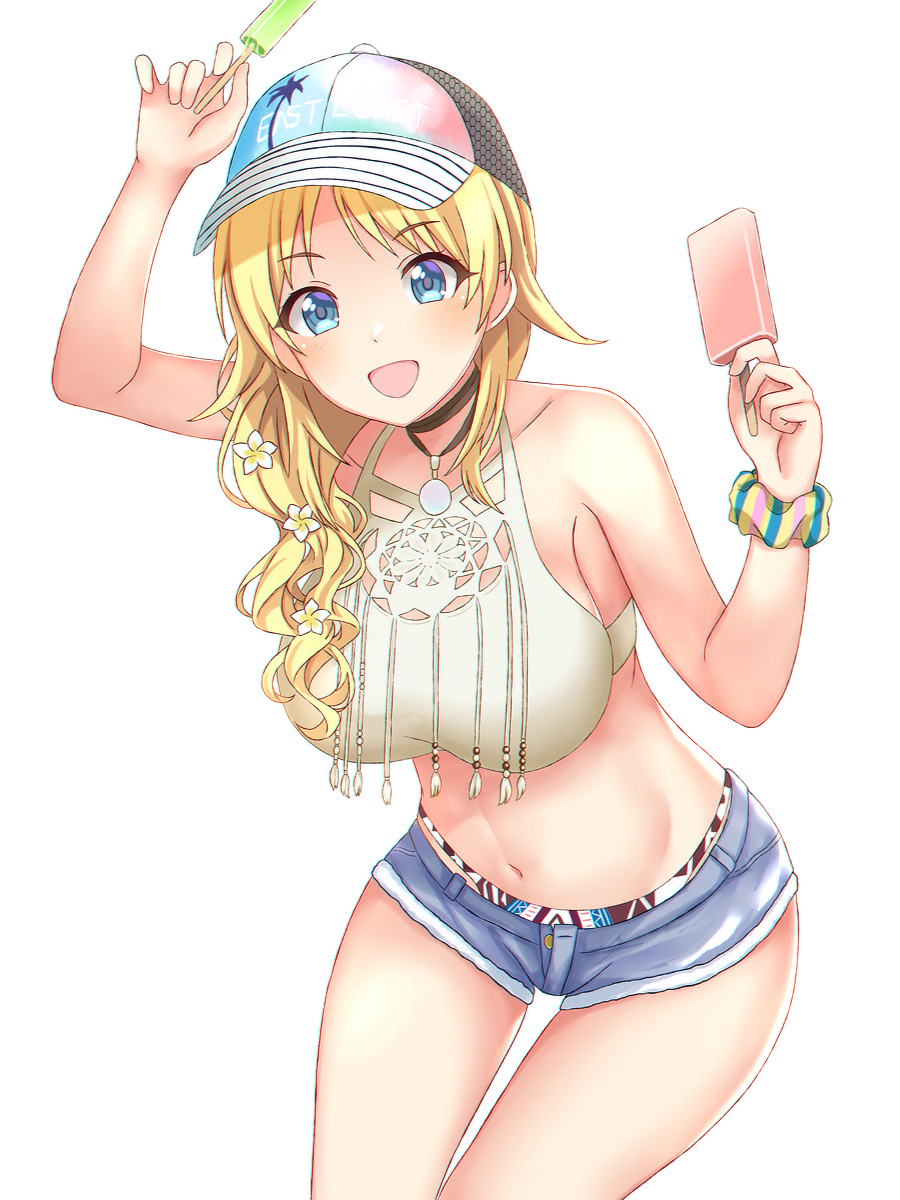 1girl :d arm_up bare_shoulders baseball_cap black_choker black_headwear blonde_hair blue_eyes blue_shorts breasts choker collarbone commentary_request crop_top flower food gatchapowa hachimiya_meguru hair_flower hair_ornament hand_up hat highres holding holding_food idolmaster idolmaster_shiny_colors long_hair looking_at_viewer medium_breasts navel open_mouth popsicle scrunchie shirt short_shorts shorts simple_background sitting sleeveless sleeveless_shirt smile solo thigh_gap white_background white_flower white_shirt wrist_scrunchie