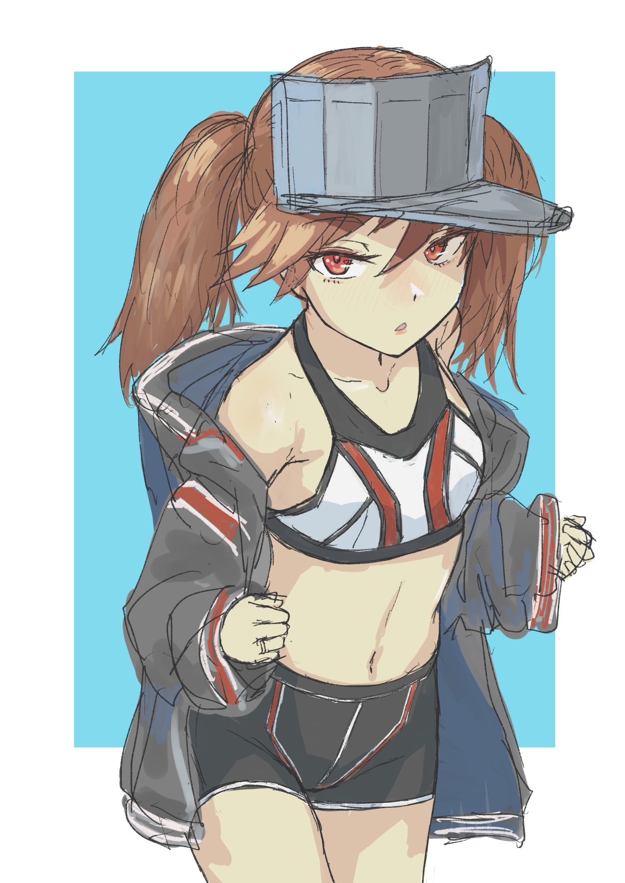 1girl alternate_costume bangs black_jacket blush brown_hair hair_between_eyes hat highres jacket kantai_collection long_hair long_sleeves navel nito_(nshtntr) open_mouth red_eyes ryuujou_(kantai_collection) shorts simple_background solo sports_bra twintails two-tone_background visor_cap