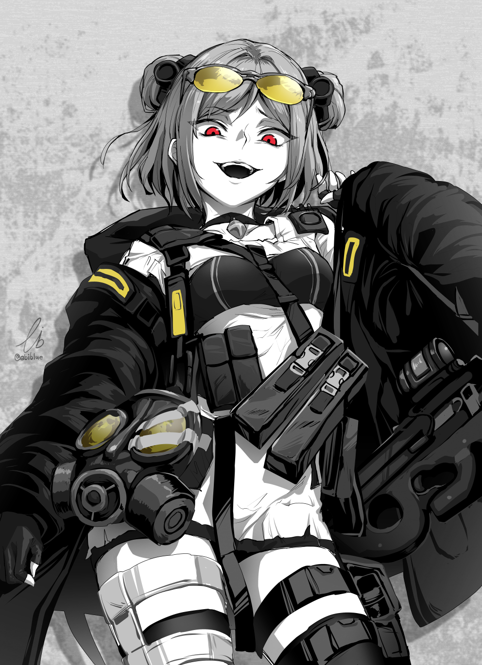 1girl bangs breasts bullpup coat commission double_bun ebiblue eyebrows_visible_through_hair eyewear_on_head fingerless_gloves gas_mask gesugao girls_frontline gloves gun highres long_sleeves looking_at_viewer open_mouth p90 p90_(girls_frontline) partially_colored pouch red_eyes short_hair smile solo strap submachine_gun sunglasses tactical_clothes thigh_strap weapon