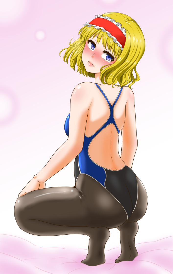 1girl alice_margatroid ass black_legwear blonde_hair blue_eyes blush breasts closed_mouth eyebrows_visible_through_hair frilled_hairband frills full_body gradient gradient_background hair_ornament hairband large_breasts looking_at_viewer looking_back pantyhose pink_background shiny shiny_hair shiny_skin shiraue_yuu short_hair simple_background skindentation solo tiptoes touhou