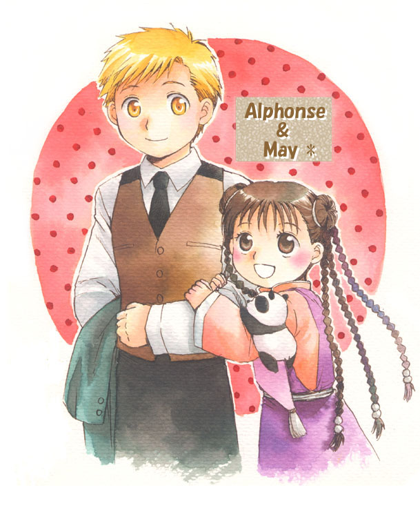 1boy 1girl :d age_difference alphonse_elric animal animal_on_shoulder black_eyes black_hair black_neckwear black_pants blonde_hair blush braid brown_vest character_name chinese_clothes circle clenched_hand closed_mouth coat collared_shirt color_ink_(medium) cropped_legs double_bun dress_shirt eyelashes fullmetal_alchemist hair_bobbles hair_ornament hands_on_another's_arm happy height_difference high_collar holding holding_coat long_sleeves looking_at_another looking_down looking_up may_chang multiple_braids necktie nib_pen_(medium) open_mouth panda pants pink_background polka_dot polka_dot_background shirt side-by-side simple_background smile standing tareme traditional_media uho_(uhoponta) vest waistcoat white_background wide-eyed wide_sleeves xiao-mei yellow_eyes