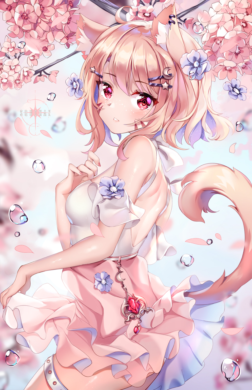 1girl animal_ears artist_name bare_shoulders blush cat_ears cherry_blossoms eyebrows_visible_through_hair fox_ears fox_girl fox_tail hair_ornament hairclip highres light_brown_hair looking_at_viewer looking_to_the_side medium_hair original pink_skirt red_eyes shirt skirt sleeveless sleeveless_shirt solo squchan tail thigh_strap water_drop white_shirt