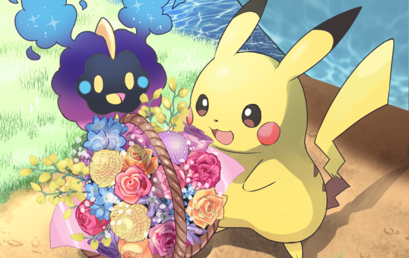 :d basket commentary_request cosmog day flower flower_basket gen_1_pokemon gen_7_pokemon grass kokoroko legendary_pokemon looking_at_object no_humans open_mouth outdoors pikachu pokemon pokemon_(creature) size_difference smile standing tongue water