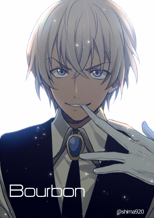 1boy amuro_tooru backlighting black_neckwear black_vest blonde_hair blue_eyes character_name collared_shirt commentary_request dark_skin dark_skinned_male gloves grin hair_between_eyes light_particles male_focus mashima_shima meitantei_conan mouth_hold necktie shirt simple_background smile solo twitter_username upper_body vest white_background white_gloves white_shirt