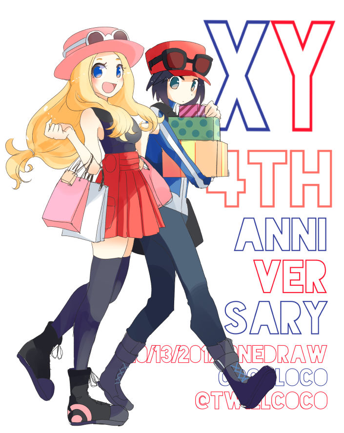1boy 1girl :d anniversary black_footwear black_hair blonde_hair blue_eyes blue_jacket blush calme_(pokemon) commentary_request eyelashes eyewear_on_headwear gift holding holding_gift jacket kokoroko looking_to_the_side open_mouth pants pink_headwear pleated_skirt pokemon pokemon_(game) pokemon_xy red_headwear red_skirt serena_(pokemon) shoes skirt smile standing sunglasses tongue