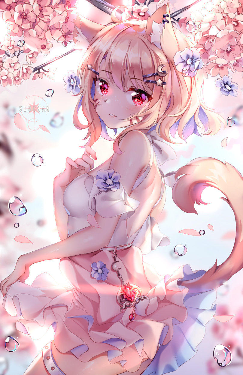 1girl animal_ears artist_name bare_shoulders blush cat_ears cherry_blossoms eyebrows_visible_through_hair fox_ears fox_girl fox_tail hair_ornament hairclip highres light_brown_hair looking_at_viewer looking_to_the_side medium_hair original pink_skirt red_eyes shade shirt skirt sleeveless sleeveless_shirt solo squchan tail thigh_strap water_drop white_shirt