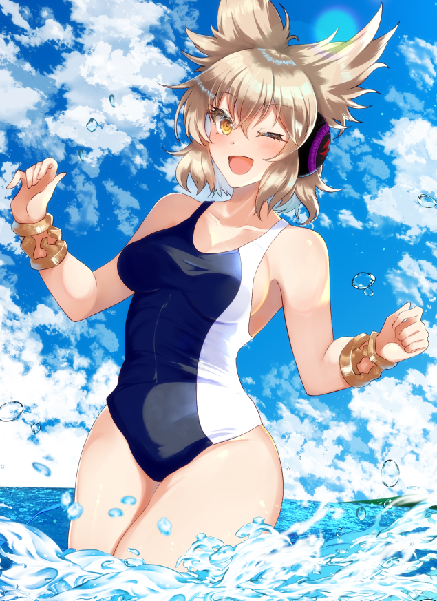 1girl ;d air_bubble bare_arms bare_shoulders blue_sky blue_swimsuit bracelet breasts bubble clouds day hair_between_eyes headphones jewelry kurokan_(kokkyou_oudan) lens_flare light_brown_hair looking_at_viewer medium_breasts medium_hair one-piece_swimsuit one_eye_closed open_mouth outdoors pointy_hair school_swimsuit sky smile solo standing summer swimsuit touhou toyosatomimi_no_miko water yellow_eyes