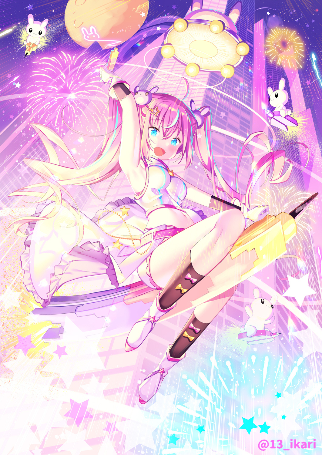 1girl :d aerial_fireworks animal arm_up armpits bare_shoulders belt blue_eyes blue_hair boots bow breasts brown_legwear brown_sleeves building bunny_hair_ornament commentary_request crop_top detached_sleeves fireworks frills full_moon gloves hair_ornament hairclip highres ikari_(aor3507) long_hair medium_breasts midriff moon multicolored_hair navel open_mouth original pink_belt pink_bow pink_hair rabbit shirt short_shorts shorts sitting skyscraper sleeveless sleeveless_shirt smile socks solo star_(symbol) star_hair_ornament streaked_hair twintails twitter_username very_long_hair white_footwear white_gloves white_shirt white_shorts yellow_bow