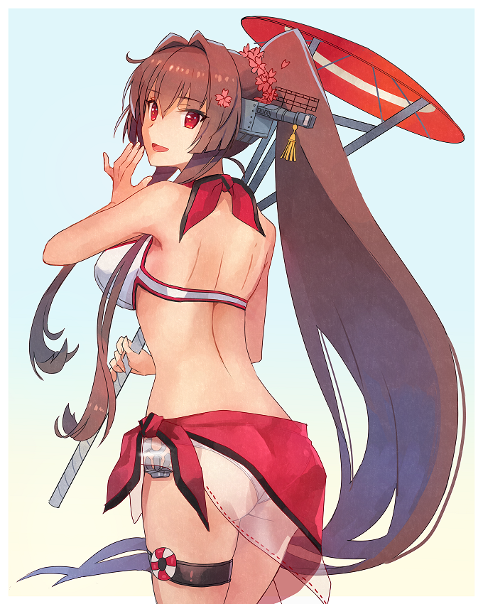 1girl :d back bikini breasts brown_eyes brown_hair cowboy_shot eyebrows_visible_through_hair flower hair_between_eyes hair_flower hair_ornament holding holding_umbrella kantai_collection kasumi_(skchkko) large_breasts lifebuoy long_hair open_mouth oriental_umbrella pink_flower ponytail red_umbrella sarong see-through smile solo swimsuit umbrella very_long_hair white_bikini yamato_(kantai_collection)