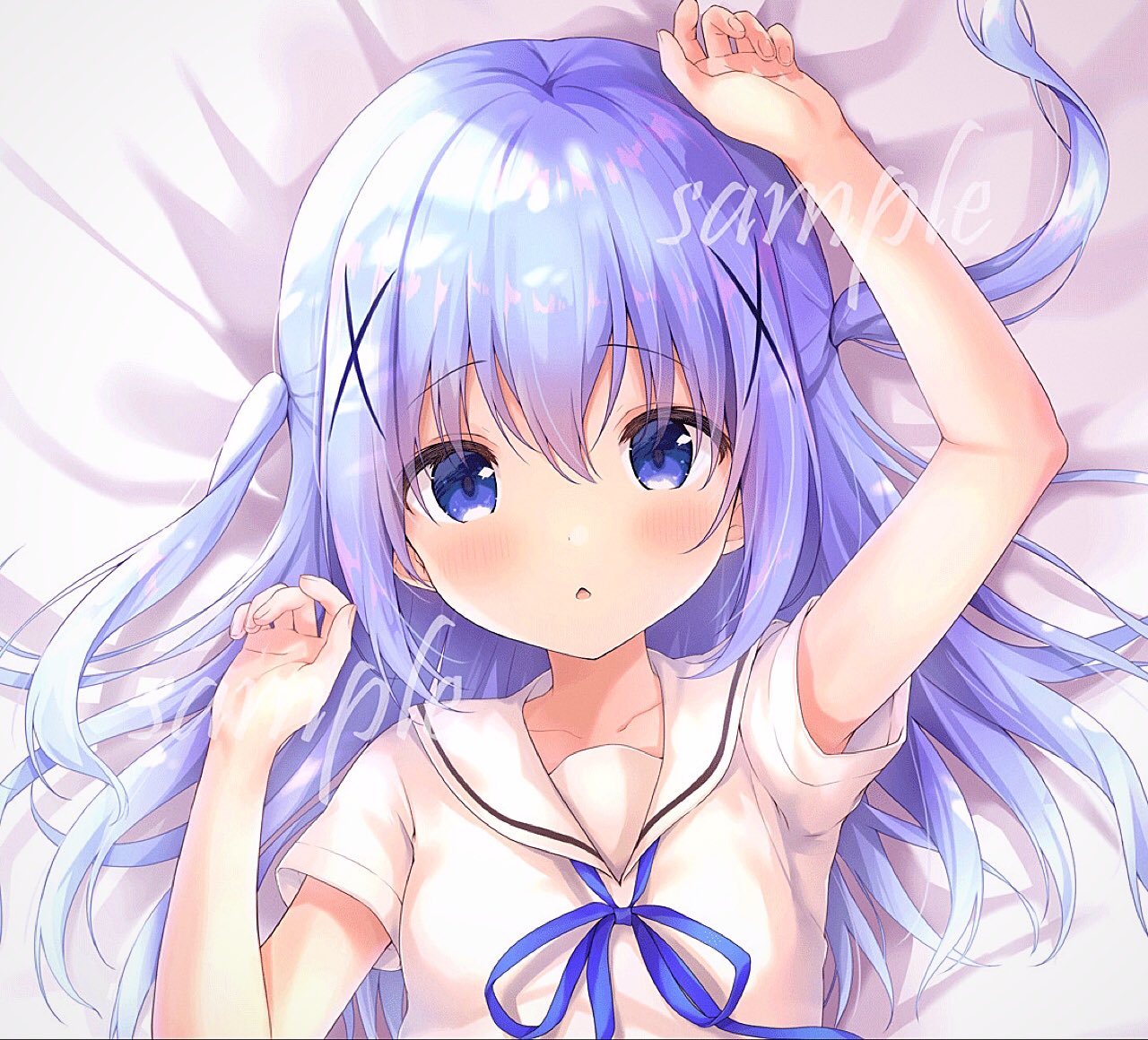 1girl amedamacon arm_up bangs bed_sheet blue_eyes blue_hair blue_ribbon blush chestnut_mouth collarbone commentary_request dakimakura eyebrows_visible_through_hair gochuumon_wa_usagi_desu_ka? hair_between_eyes hair_ornament hand_up kafuu_chino long_hair looking_at_viewer neck_ribbon parted_lips ribbon sailor_collar sample school_uniform serafuku shirt short_sleeves solo two_side_up white_sailor_collar white_shirt x_hair_ornament