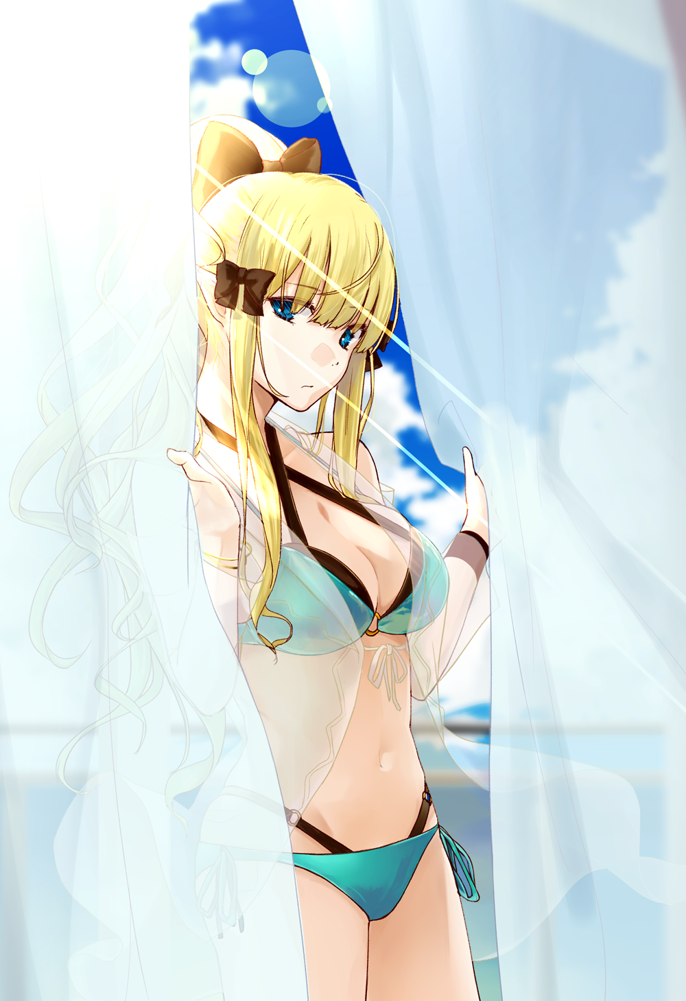 1girl bangs bigappletart bikini black_bow blonde_hair blue_eyes blush bow breasts elf eyebrows_visible_through_hair flower hair_bow hair_flower hair_ornament highres large_breasts long_hair looking_at_viewer pointy_ears ponytail princess_connect! princess_connect!_re:dive saren_(princess_connect!) solo swimsuit