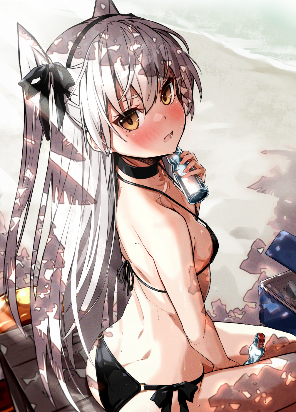 1girl amatsukaze_(kantai_collection) ass bikini black_bikini bottle breasts brown_eyes choker commentary from_behind hair_tubes hat highres kantai_collection long_hair looking_at_viewer mini_hat open_mouth ramune sand silver_hair sitting small_breasts solo swimsuit takanashi_kei_(hitsujikan) two_side_up wariza windsock