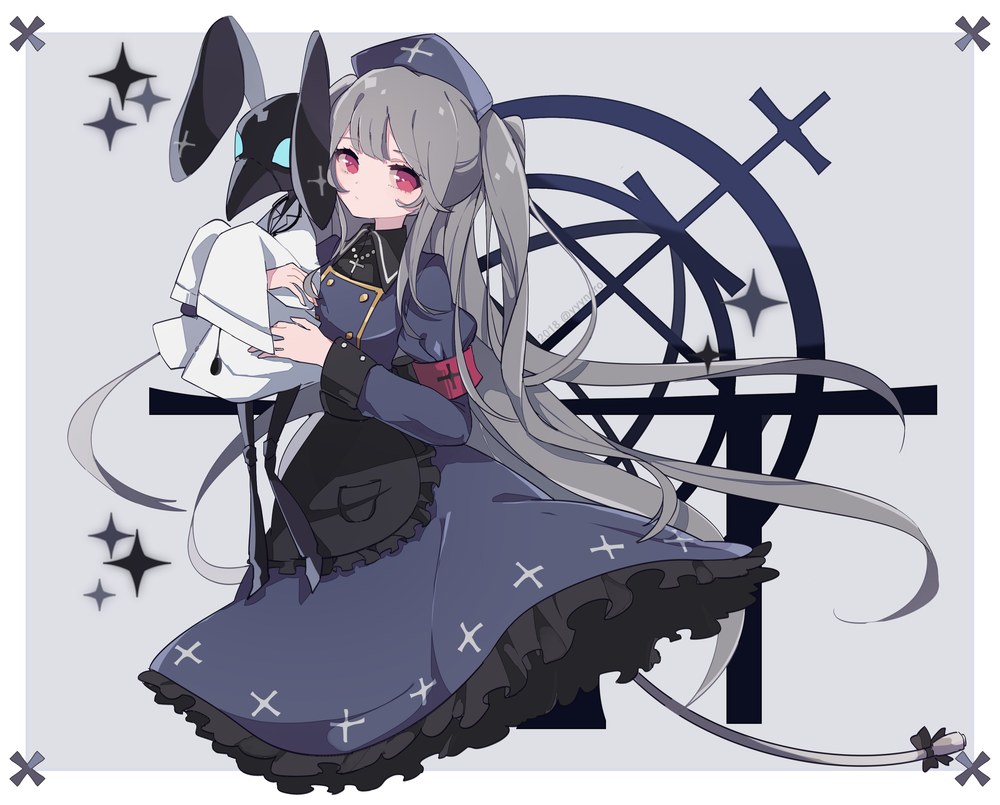 1girl armband bangs blue_dress captain_yue dress eyebrows_visible_through_hair grey_hair hat jewelry long_hair long_sleeves looking_at_viewer minai_karte necklace nurse_cap red_eyes solo two_side_up virtual_clinic virtual_youtuber