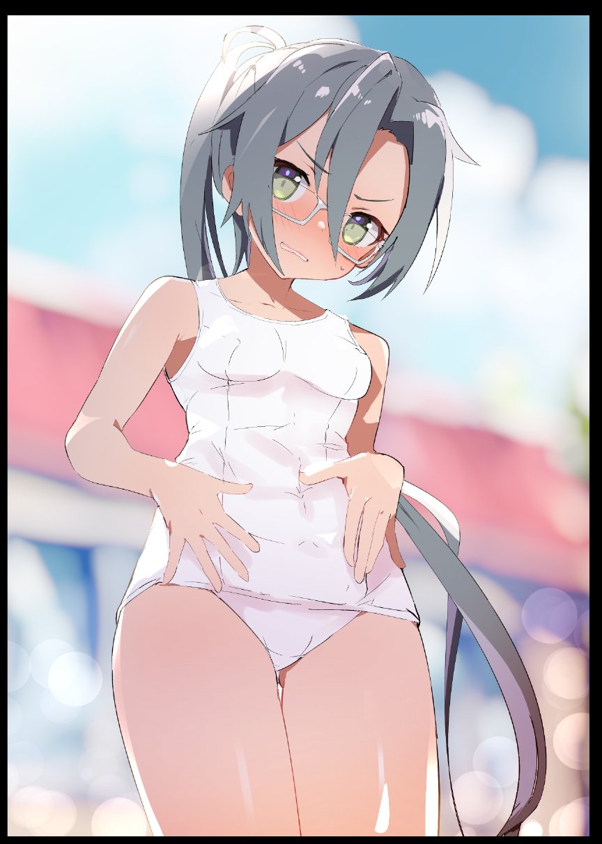 1girl amagiri_(kantai_collection) bangs black_border blurry blurry_background blush border breasts caburi clenched_teeth commentary day eyebrows_visible_through_hair glasses green_eyes grey_hair hair_between_eyes hands_on_stomach highres kantai_collection long_hair one-piece_swimsuit outdoors ponytail sky small_breasts solo sweat swimsuit teeth very_long_hair white_swimsuit
