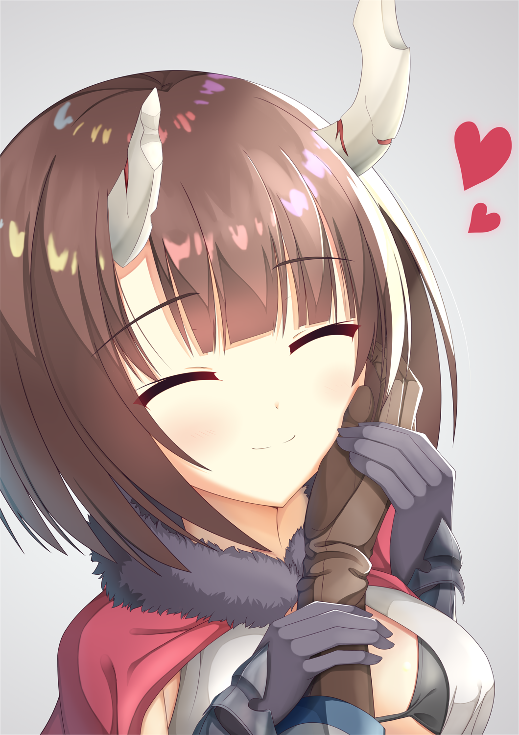 1boy 1girl black_bra black_gloves blush bra breasts broken_horn brown_gloves brown_hair capelet closed_eyes demon_girl demon_horns eriko_(princess_connect!) eyebrows_visible_through_hair fur-trimmed_capelet fur_trim gloves grey_background hand_on_another's_cheek hand_on_another's_face hand_on_another's_hand heart highres horns large_breasts princess_connect! princess_connect!_re:dive red_capelet saenoki_mizuho short_hair smile solo_focus underwear