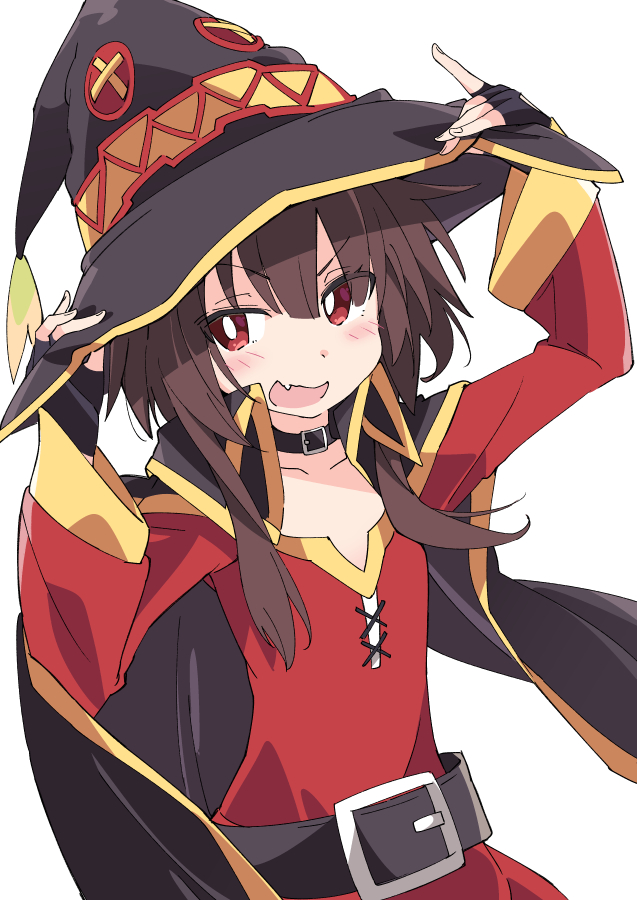 1girl belt belt_buckle breasts brown_hair buckle cape choker commentary commentary_request dress fang fingerless_gloves gloves headwear ixy kono_subarashii_sekai_ni_shukufuku_wo! medium_hair megumin red_dress red_eyes simple_background small_breasts tagme