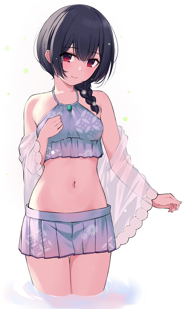 1girl bangs bare_shoulders bikini black_hair braid closed_mouth commentary_request eyebrows_visible_through_hair frilled_bikini frills gin00 hair_between_eyes hair_over_shoulder idolmaster idolmaster_shiny_colors long_hair looking_at_viewer morino_rinze navel off_shoulder pleated_skirt purple_bikini purple_skirt red_eyes see-through simple_background skirt smile solo standing swimsuit wading water white_background