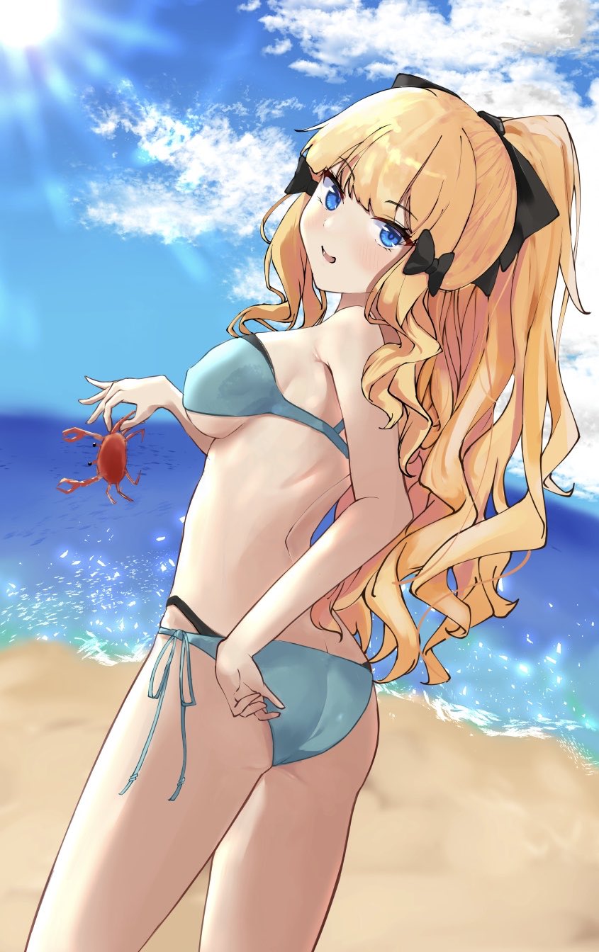 1girl bangs bikini black_bow blonde_hair blue_eyes blush bow breasts elf eyebrows_visible_through_hair hair_bow hair_ornament highres large_breasts long_hair looking_at_viewer open_mouth pointy_ears ponytail princess_connect! princess_connect!_re:dive saren_(princess_connect!) smile solo swimsuit yasushi_(1x4v4)