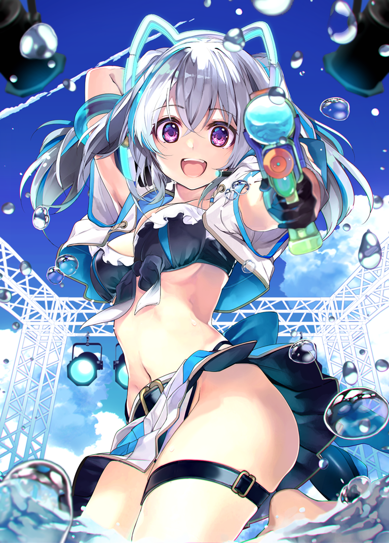 1girl :d aiming_at_viewer animal_ears arm_up armpit_peek bikini bikini_under_clothes black_bikini cropped_jacket fake_animal_ears front-tie_bikini front-tie_top grey_hair holding jacket long_hair looking_at_viewer midriff miniskirt navel open_clothes open_jacket open_mouth original shirokitsune skirt smile solo stomach swimsuit thigh_strap thighs twintails violet_eyes water_gun white_skirt