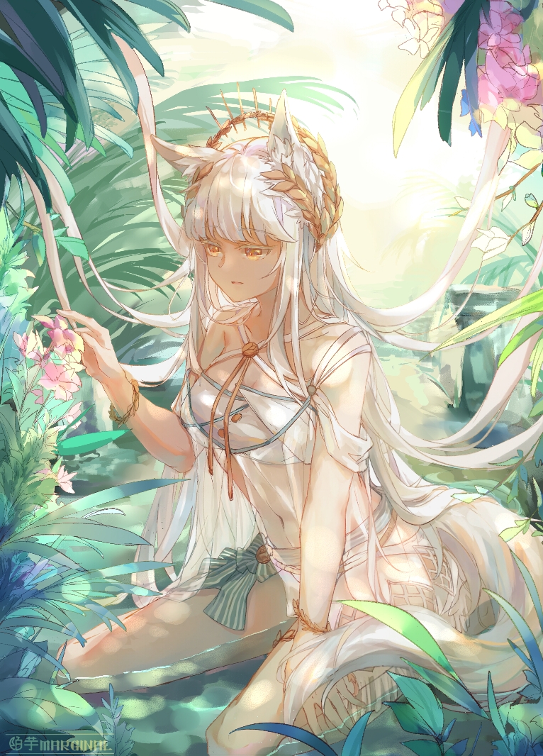 1girl animal_ear_fluff animal_ears arknights bangs bikini bracelet breasts brown_eyes day eyebrows_visible_through_hair flower hand_up horse_ears jewelry long_hair midriff moyu_marginal navel orange_eyes outdoors parted_lips platinum_(arknights) sash see-through sitting solo swimsuit tail very_long_hair wariza water wet white_bikini white_hair