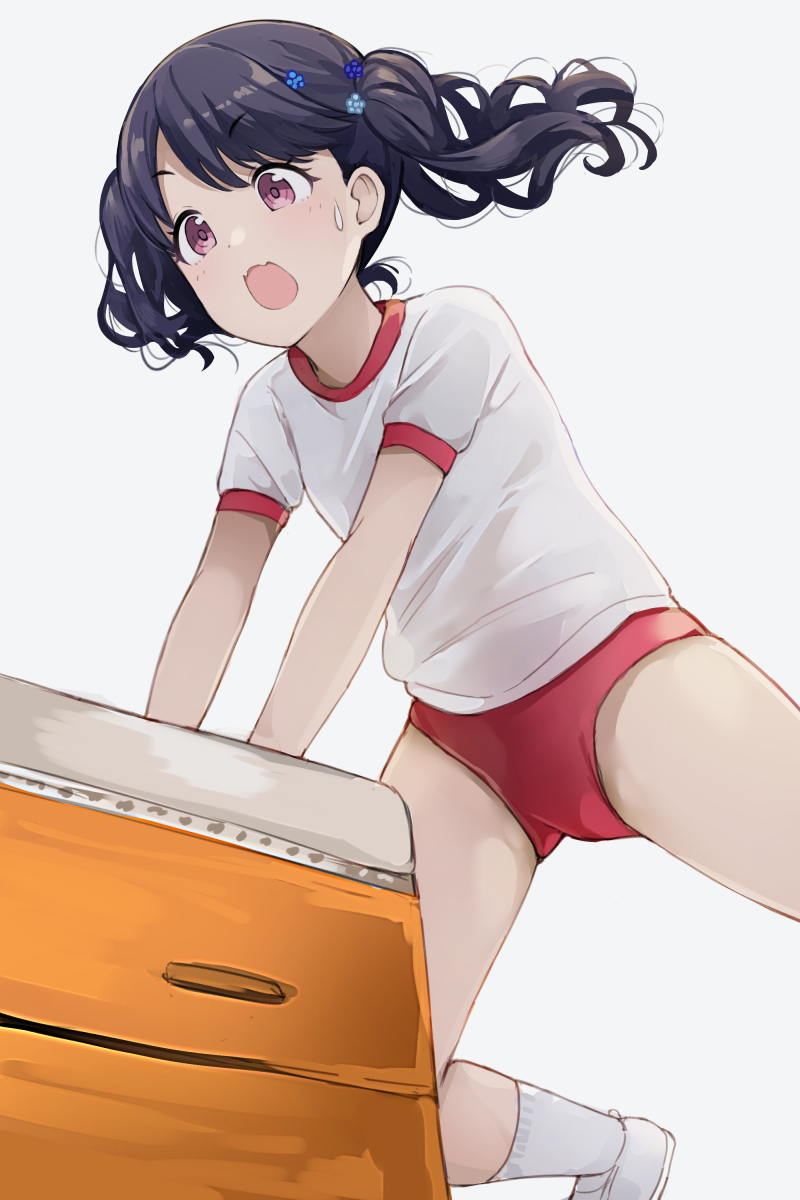 1girl bangs black_hair buruma commentary_request eyebrows_visible_through_hair fangs flower fukumaru_koito gym_shirt gym_uniform hair_flower hair_ornament highres hiroki_(yyqw7151) idolmaster idolmaster_shiny_colors jumping red_buruma shirt short_sleeves skin_fangs solo sweatdrop twintails vaulting_horse violet_eyes white_background white_footwear white_legwear white_shirt