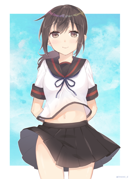 1girl arms_behind_back black_hair black_sailor_collar black_skirt brown_eyes brown_hair commentary_request cowboy_shot fubuki_(kantai_collection) kantai_collection looking_at_viewer low_ponytail midriff navel pleated_skirt ponytail remodel_(kantai_collection) saiki_yuzuri sailor_collar school_uniform serafuku short_ponytail sidelocks skirt smile solo