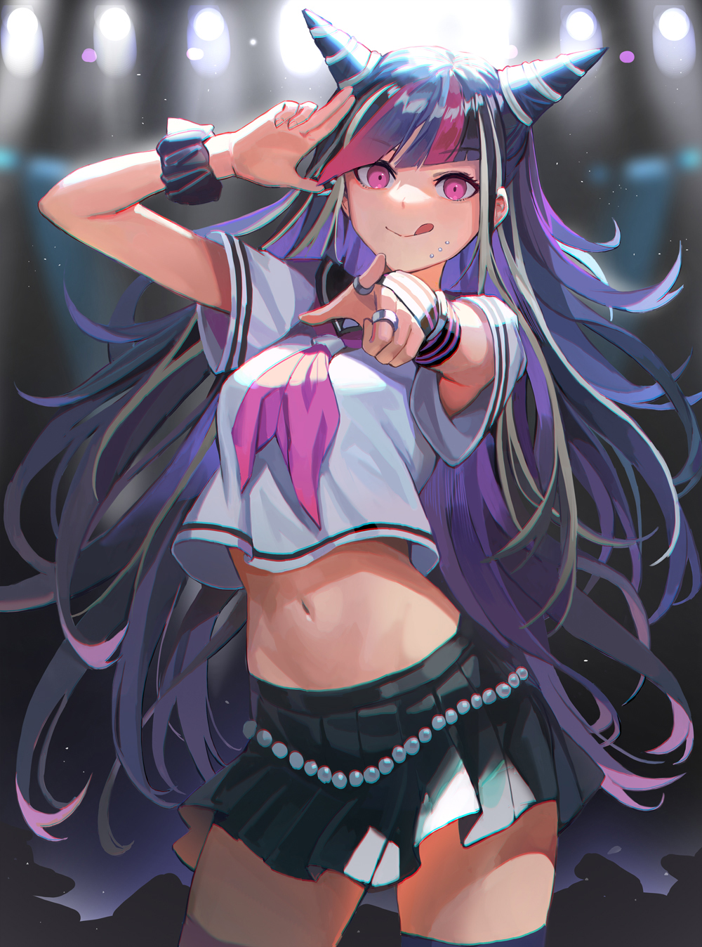 1girl :q arm_up armpit_peek beads black_hair black_skirt blurry bokeh breasts closed_mouth cowboy_shot crop_top crop_top_overhang dangan_ronpa depth_of_field gradient_hair highres horns jewelry long_hair looking_at_viewer midriff miniskirt mioda_ibuki multicolored_hair nail_polish navel outstretched_arm piercing pink_eyes pleated_skirt pointing ring sailor_collar salute school_uniform scrunchie serafuku shirt short_sleeves skirt sl86 smile solo standing stomach thigh-highs tongue tongue_out white_shirt wide_sleeves wrist_scrunchie wristband zettai_ryouiki