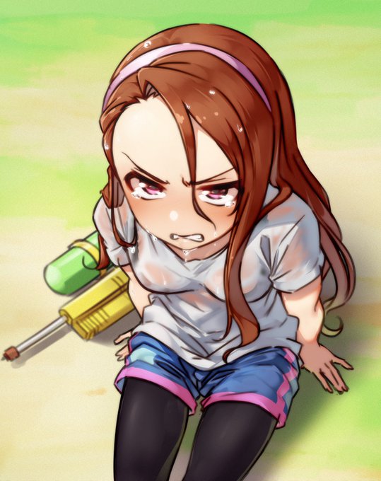 1girl black_legwear blush breasts brown_hair clenched_teeth forehead hair_between_eyes hairband idolmaster kakaobataa long_hair minase_iori pantyhose shorts sitting solo tears teeth water_gun wet wet_clothes