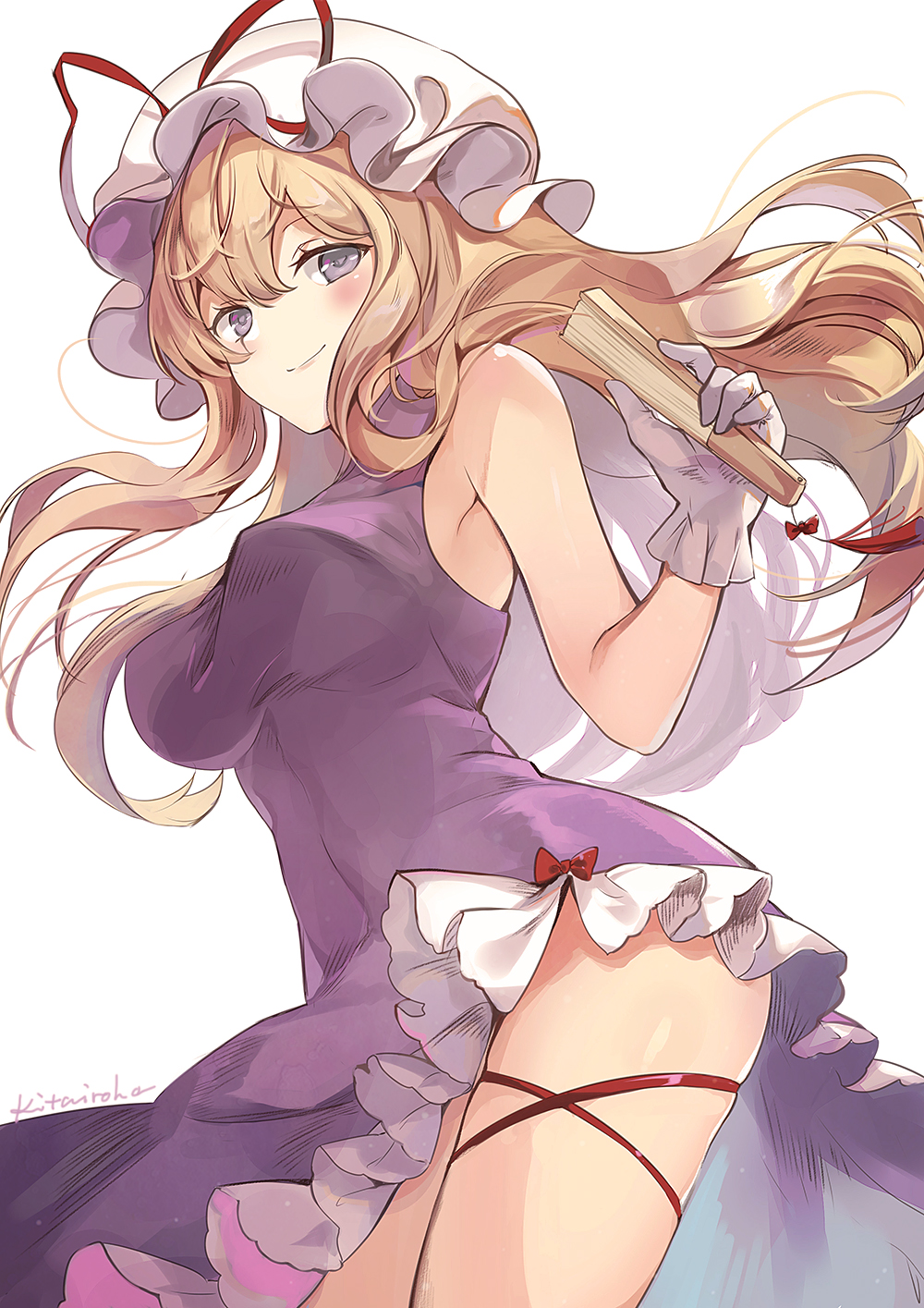 1girl bare_arms blonde_hair breasts dress elise_(piclic) fan floating_hair folding_fan gloves hat hat_ribbon highres holding holding_fan long_hair looking_at_viewer medium_breasts mob_cap purple_dress red_ribbon ribbon simple_background sleeveless sleeveless_dress smile solo standing touhou violet_eyes white_background white_gloves white_headwear yakumo_yukari